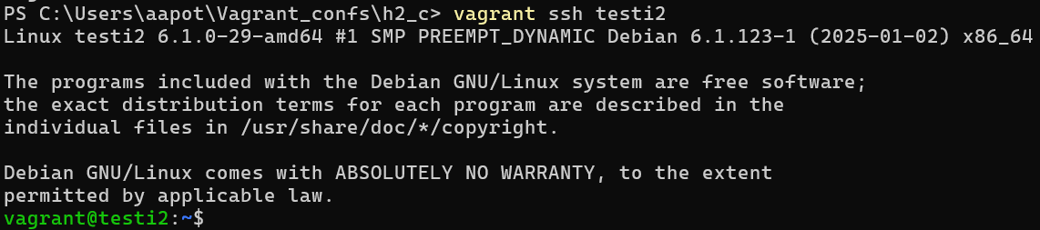 Vagrant ssh-yhteyden luominen testi2-virtuaalikoneeseen