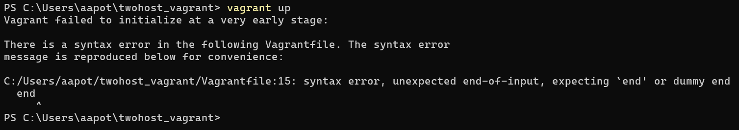 Syntaksivirhe vagrant up komennon seurauksena