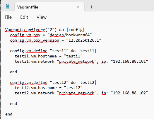 Vagrantfile testi1 ja testi2 host-nimillä