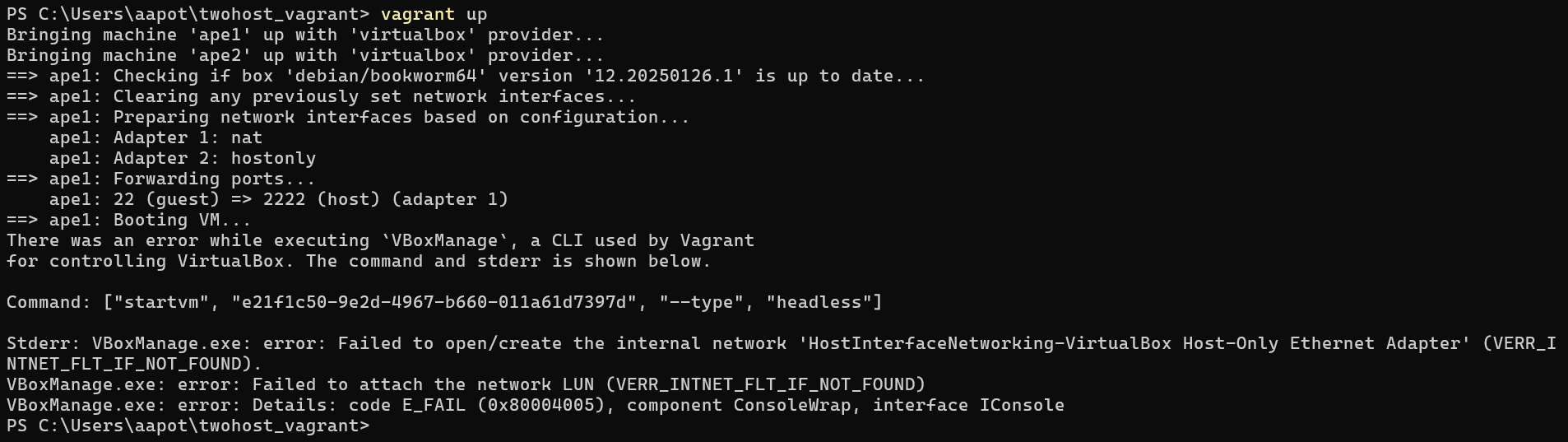 Vagrant up virheilmoitus pääkäyttäjän oikeuksin