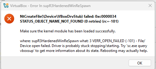 Virtualbox GUI virheilmoitus