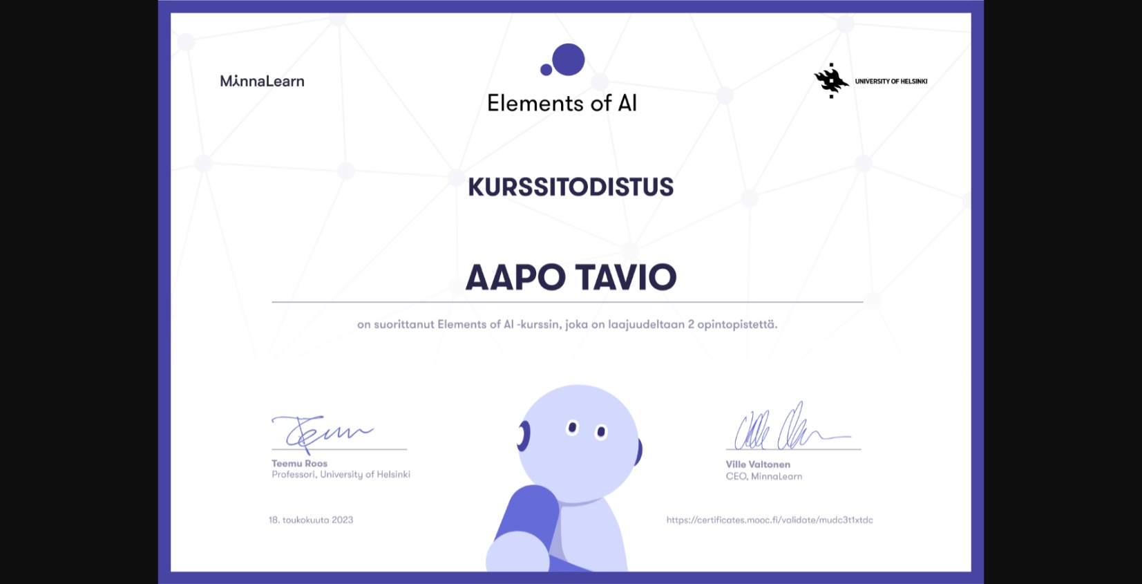 elements of ai certificate