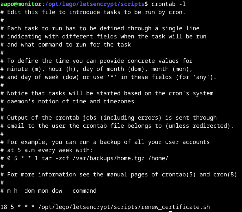 kuva crontab tehtävistä